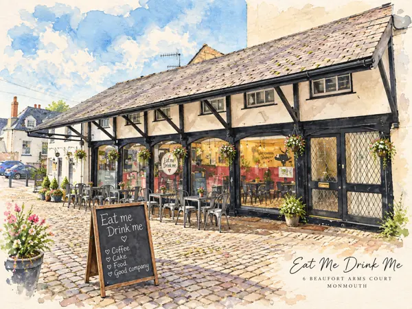 Watercolour illustration of Eat Me Drink Me in Beaufort Arms Court